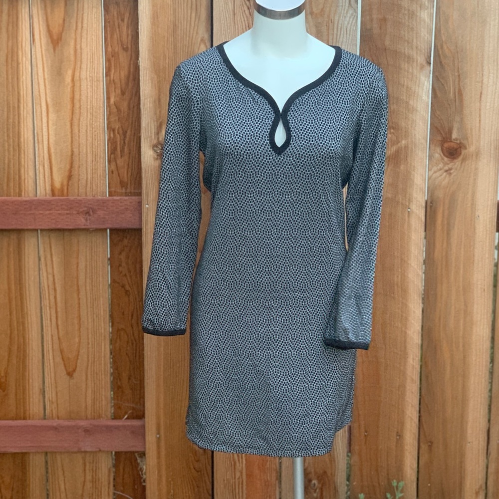 STUDIO M Black White Checkered Dominique Long Sleeve Knit Casual Dress Sz Lg